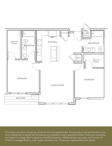 Floor plan for 2 beds, 2 baths, 1021 sqft